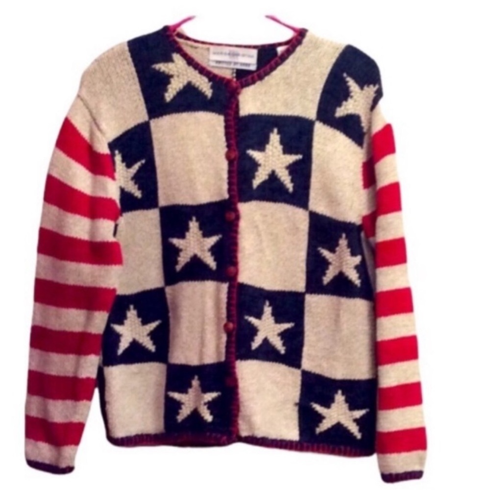MARISA CHRISTINA VINTAGE Star and Stripe HAND KNITTED Cardigan Size MEDIUM